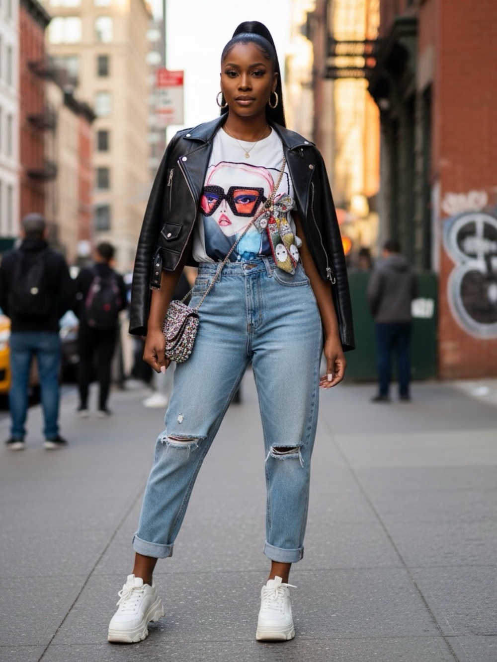Why Dress New York Graphic T-Shirt Embellished 3D Bow Off-White Top Large